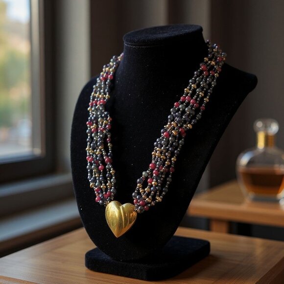 Unbranded Jewelry - Beaded Choker Necklace Goldtone Heart Vintage 80s